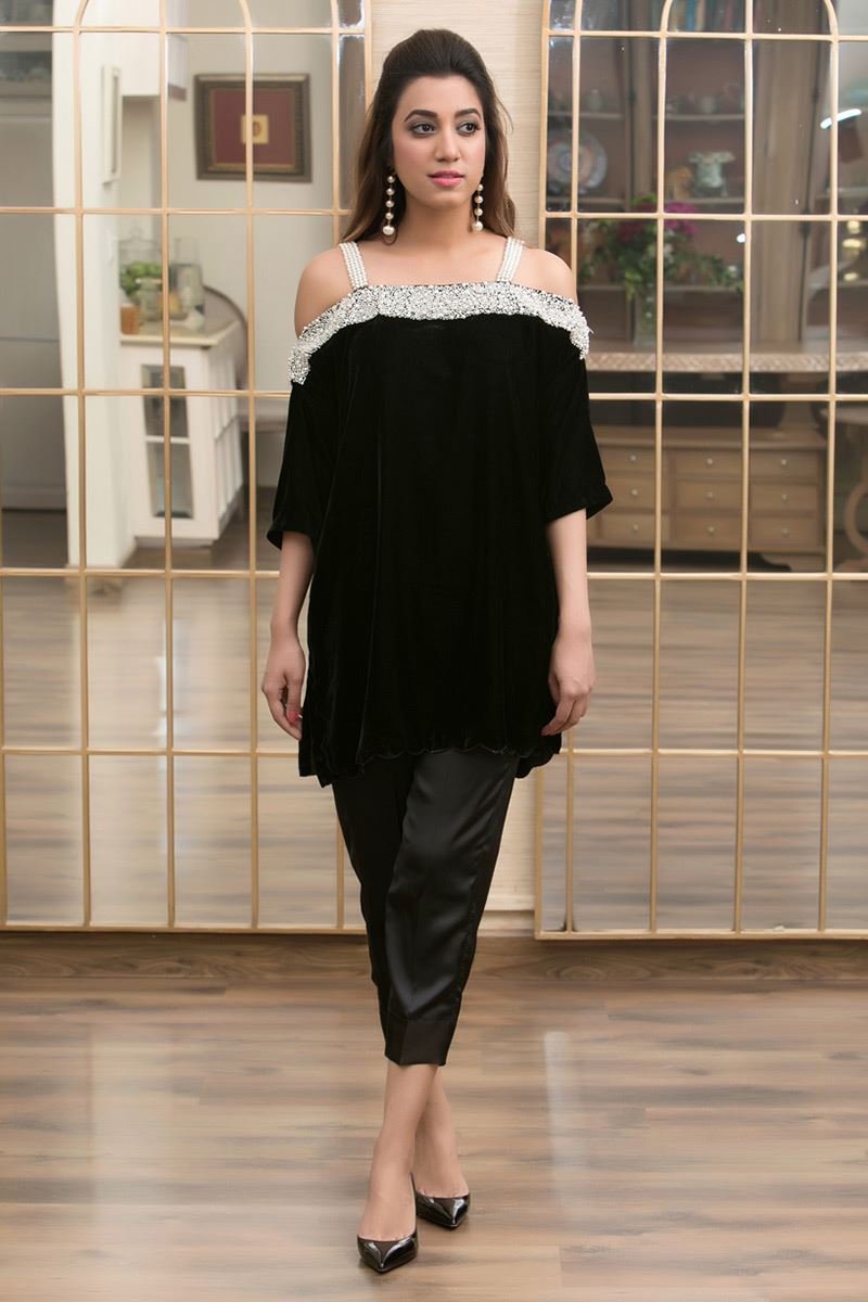 Picture of off shoulders pearl encrusted velvet