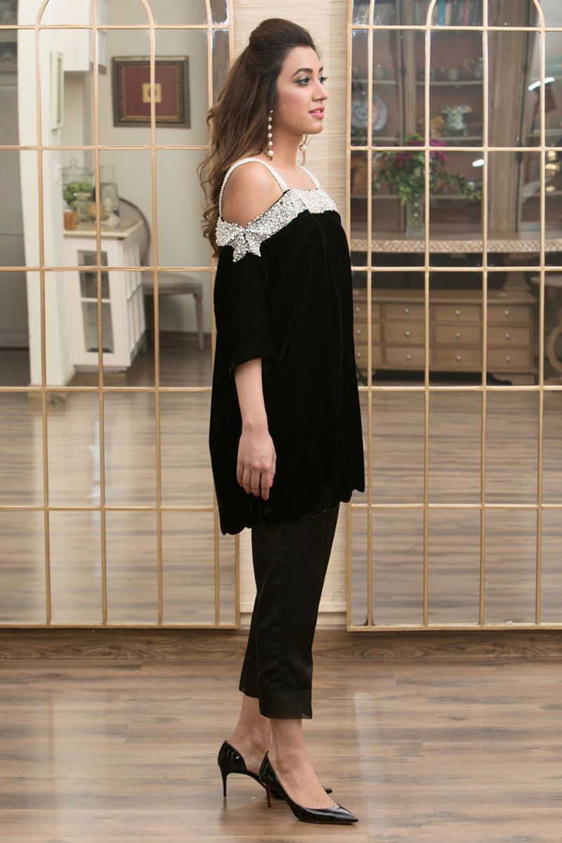 Picture of off shoulders pearl encrusted velvet