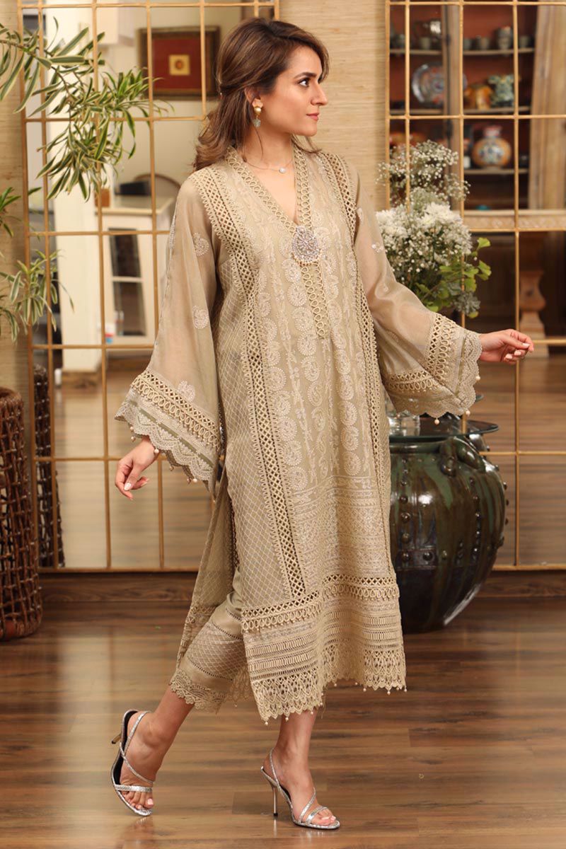 Picture of Cotton net chikankari - gold