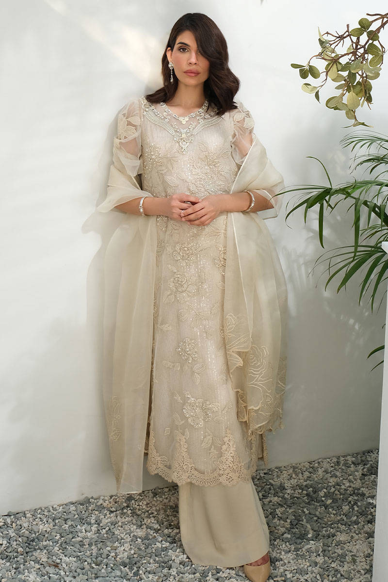 Picture of Cream Rose Net With Pants And Dupatta