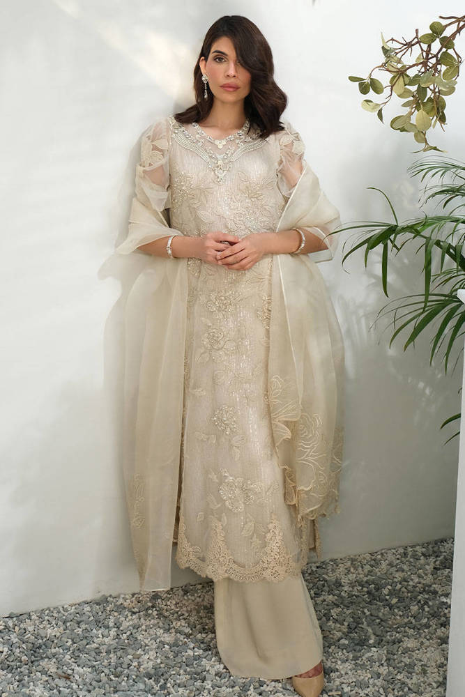 Picture of Cream Rose Net With Pants And Dupatta