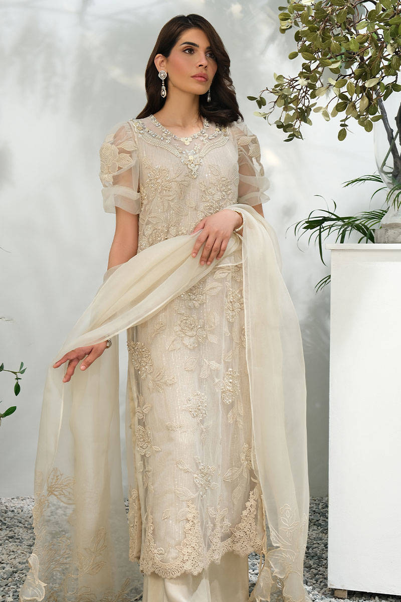 Picture of Cream Rose Net With Pants And Dupatta