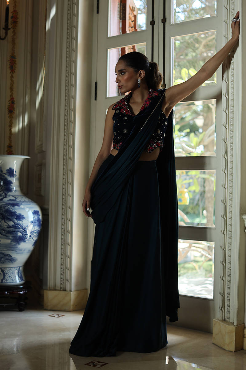 Picture of Teal Rose Velvet Blouse With Charmeuse Saree