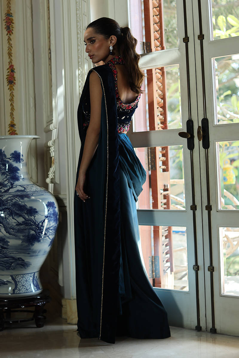 Picture of Teal Rose Velvet Blouse With Charmeuse Saree