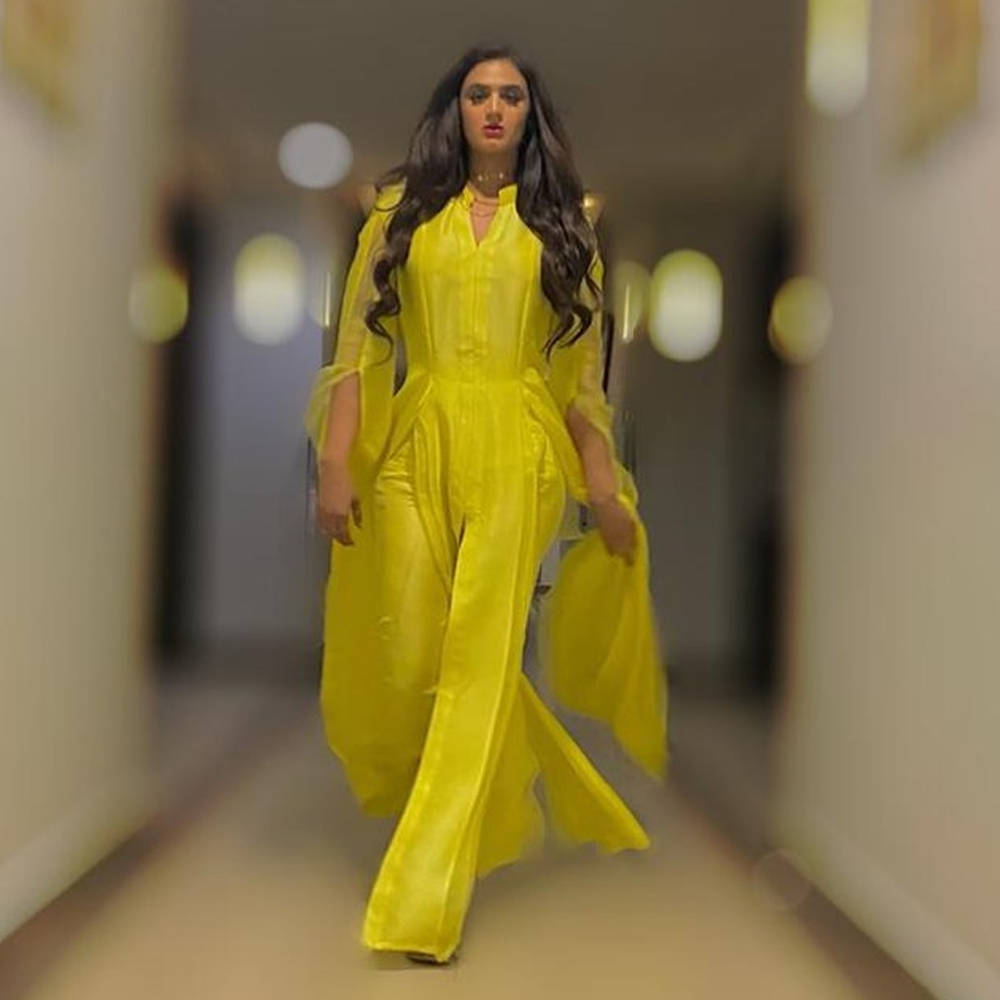 Picture of Hira Mani in a Custom Yellow Ensemble