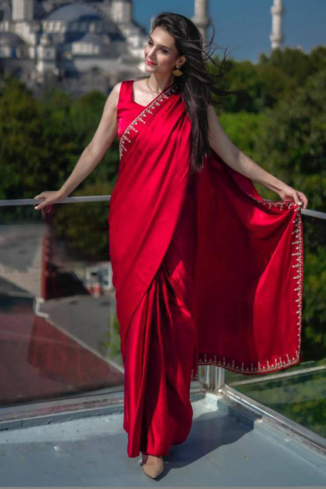 Picture of Light satin stitched sari and blouse
