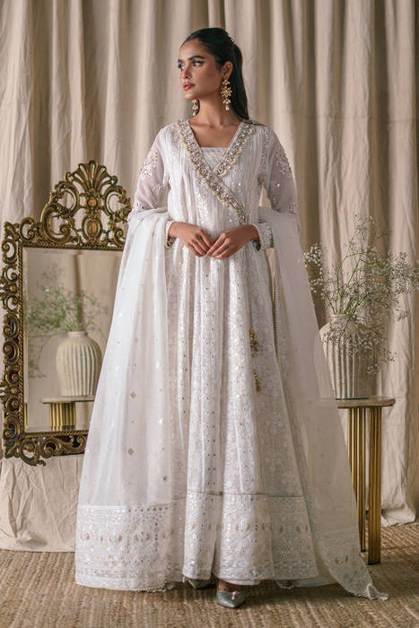 Cream Pearl Angrakha With Dupatta