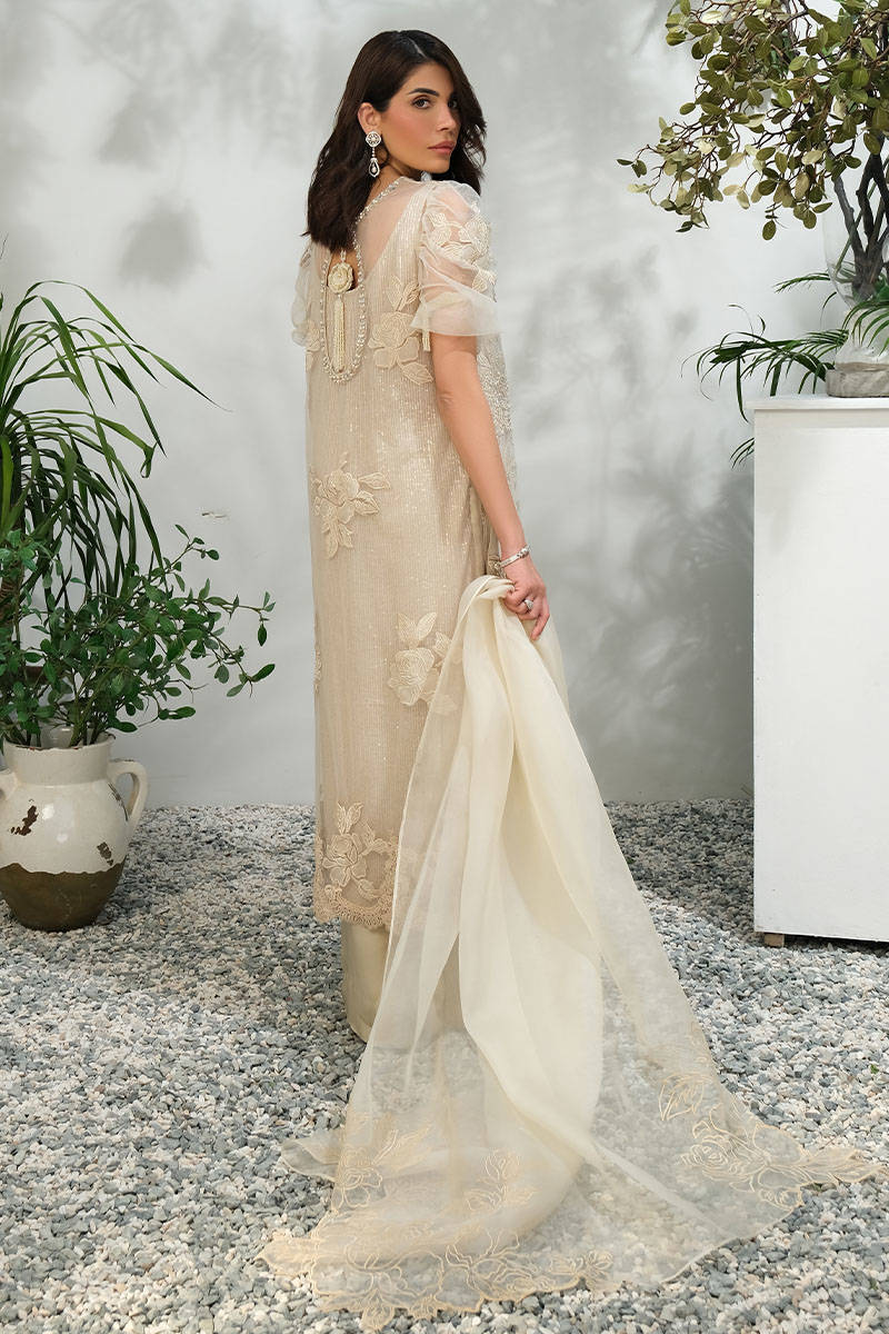 Picture of Cream Rose Net With Pants And Dupatta