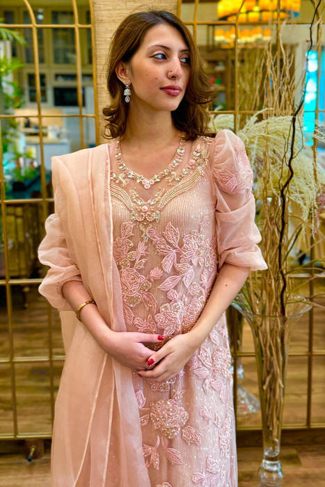 Tea Pink Rose Net with Pants and Dupatta