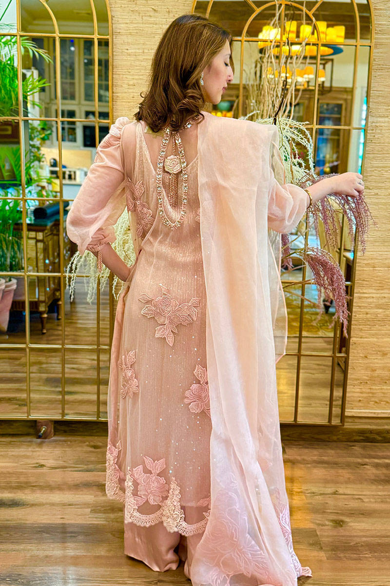 Picture of Tea Pink Rose Net with Pants and Dupatta