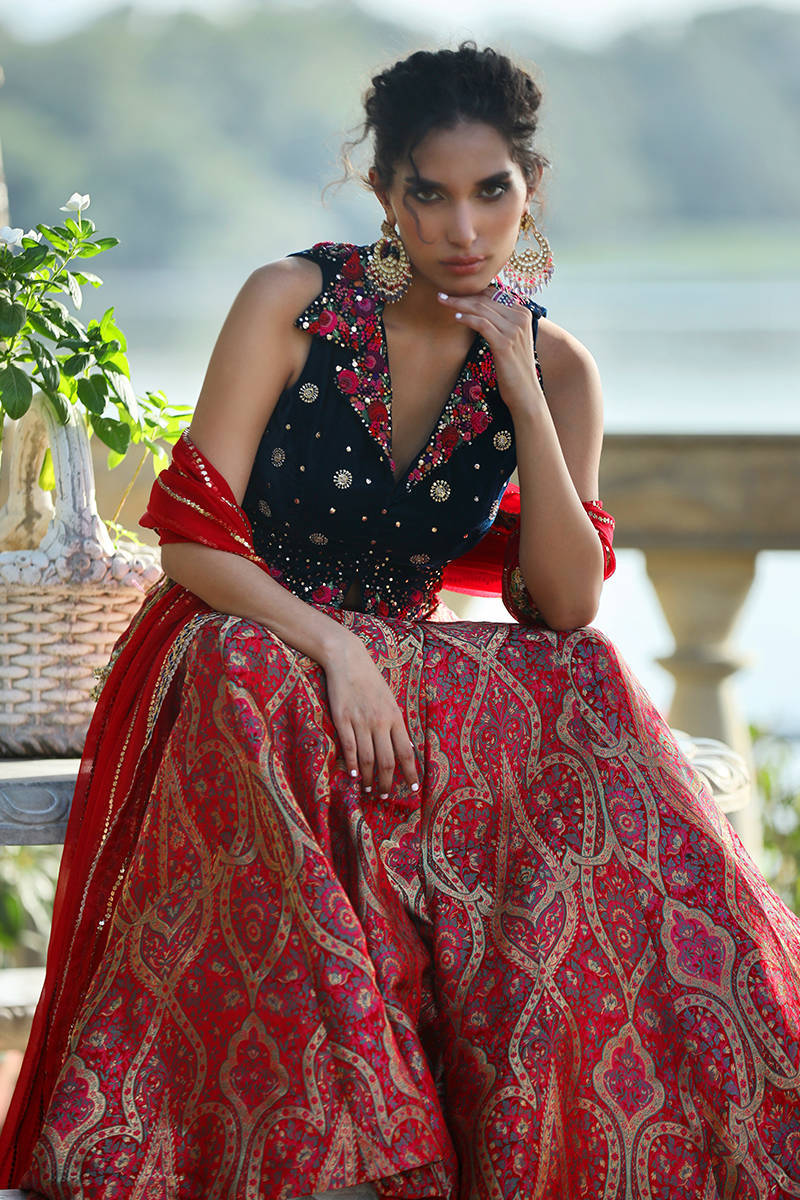 Picture of Teal Rose Blouse With Pure Banarsi Lehnga