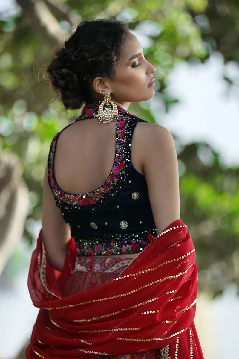 Picture of Teal Rose Blouse With Pure Banarsi Lehnga